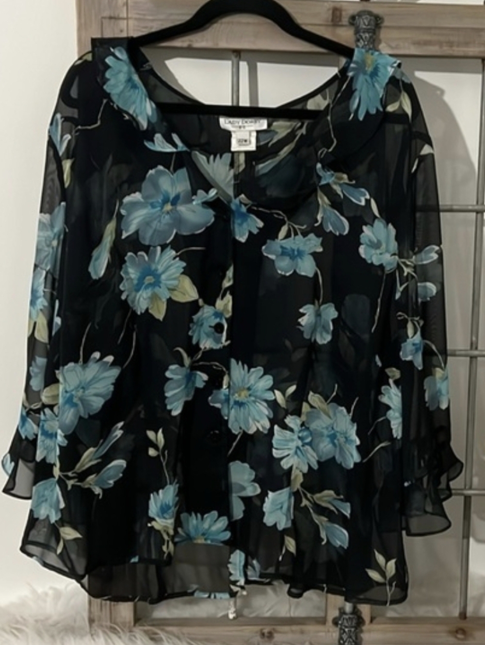 Lady Dorby Black Sheer Blouse with Blue Blooms